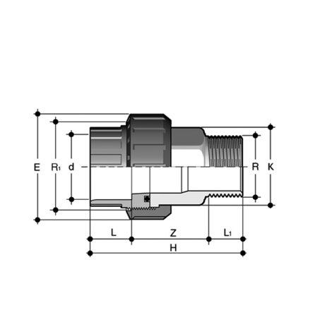 Disegno tecnico del bocchettone di passaggio BIRXV