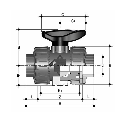 Disegno tecnico della valvola a sfera VKDI, VKDL, VKDA, VKDJ DN 10:50