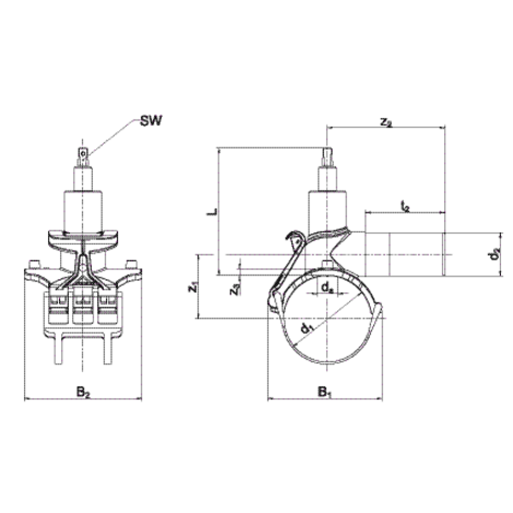 Navrtávací odbočkový ventil s prodlouženým hrdlem a upínacím mechanismem RedSnap