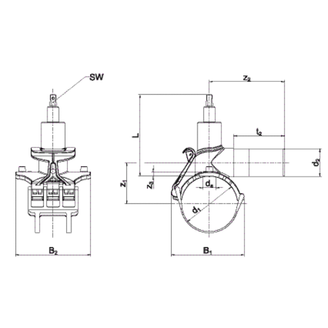 Navrtávací odbočkový ventil s prodlouženým hrdlem a upínacím mechanismem RedSnap