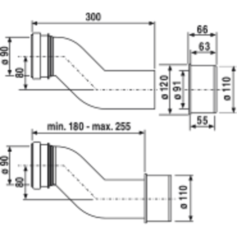 WC etážový připojovací kus D90 s redukcí D 90/ 110 - odskok 80 mm