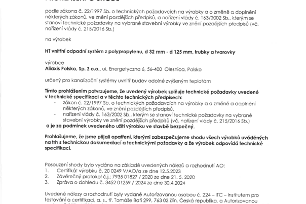 Prohlášení o shodě - HT vnitřní odpady