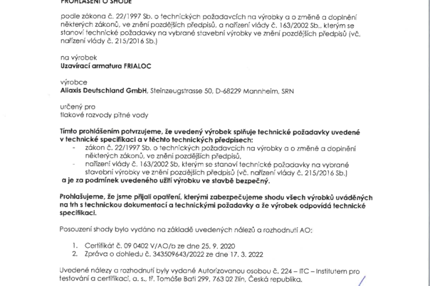 Prohlášení o shodě - uzavírací armatura FRIALOC