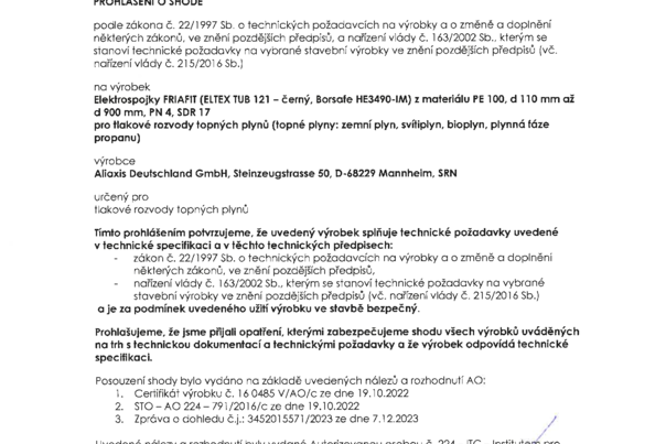 Prohlášení o shodě - elektrotvarovky FRIAFIT pro plyn