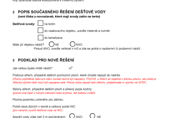 Dotazník pro zpracování odborného posudku pro získání dotace na pořízení nádrže