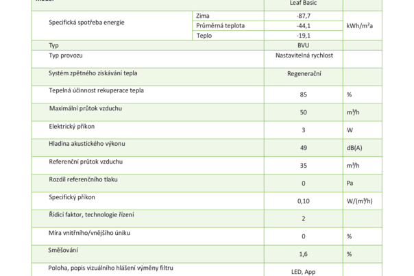 Rekuperační jednotka Leaf Basic - technický list